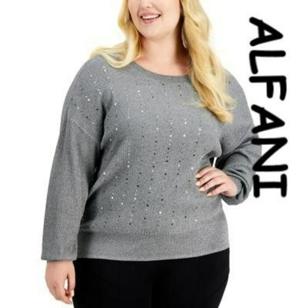ALFANI Sequin glimmers accent soft shimmer ribbed metallic knit sweater, 3X, NWT